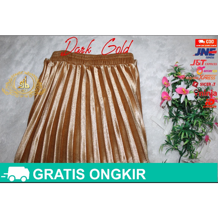 Rok Bludru Velvet Panjang Plisket Premium-ROK Panjang Dark Gol