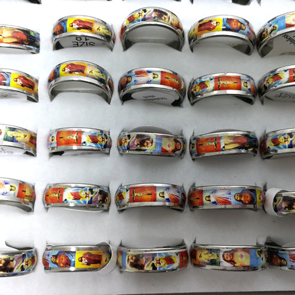 Hu Hu Hu Hu Hu Alat Bantu Pasang Kacamata♡ Cincin Bahan Stainless Steel Desain Lukisan Cat Minyak Yesus Untuk Priawanita