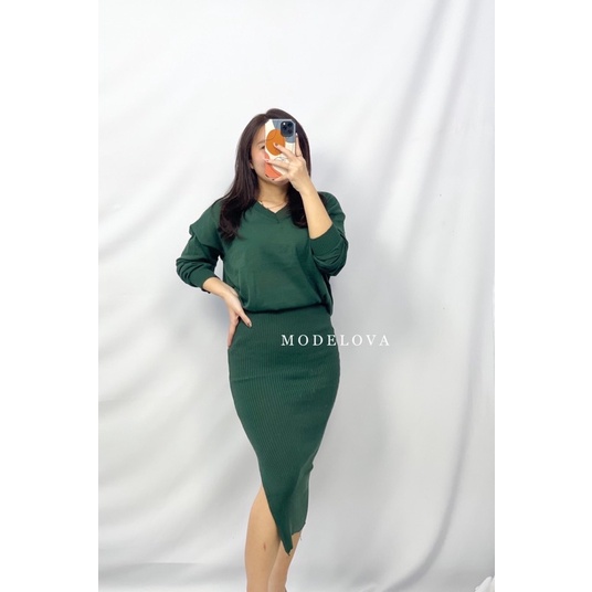 MDLV ~ Dress Gabbie LP Rajut Setelan Dress Rajut Lengan Panjang Slide Samping Fashion Wanita