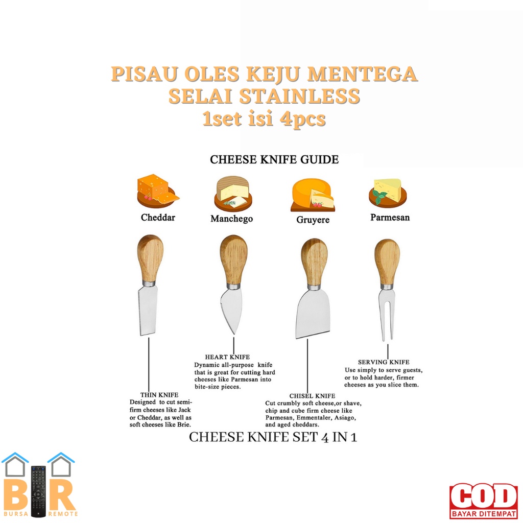 4 Set Pisau Keju Alat Makan Keju Baja Tahan Karat Pemotong Keju Pegangan Kayu Pisau Mini, Pisau Mentega, Spatula &amp; Garpu