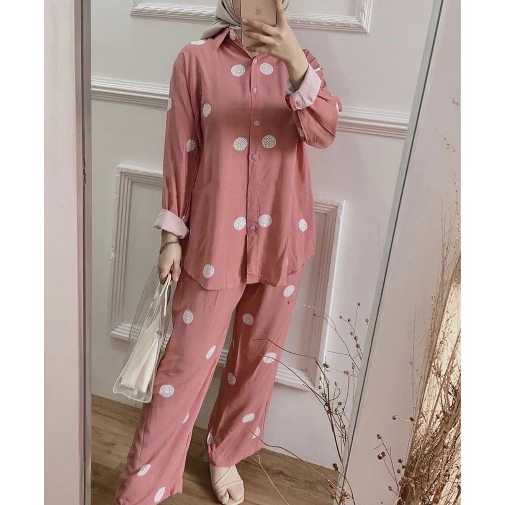 BLOOMS DAILY ONE SET / TIE DYE ONE SET RAYON / STELAN PIYAMA WANITA-POLKA ROSE ONE SET