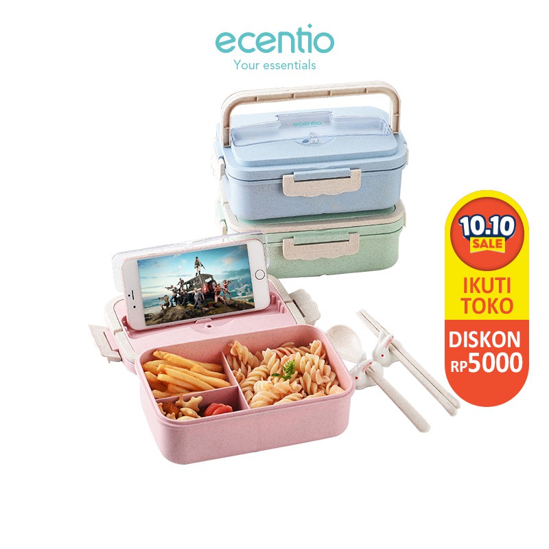 

Ecentio lunch box 3 Warna PP Jerami Gandum 1000 ml Lunch Box With Free Sendok BPA Free Kotak Bekal