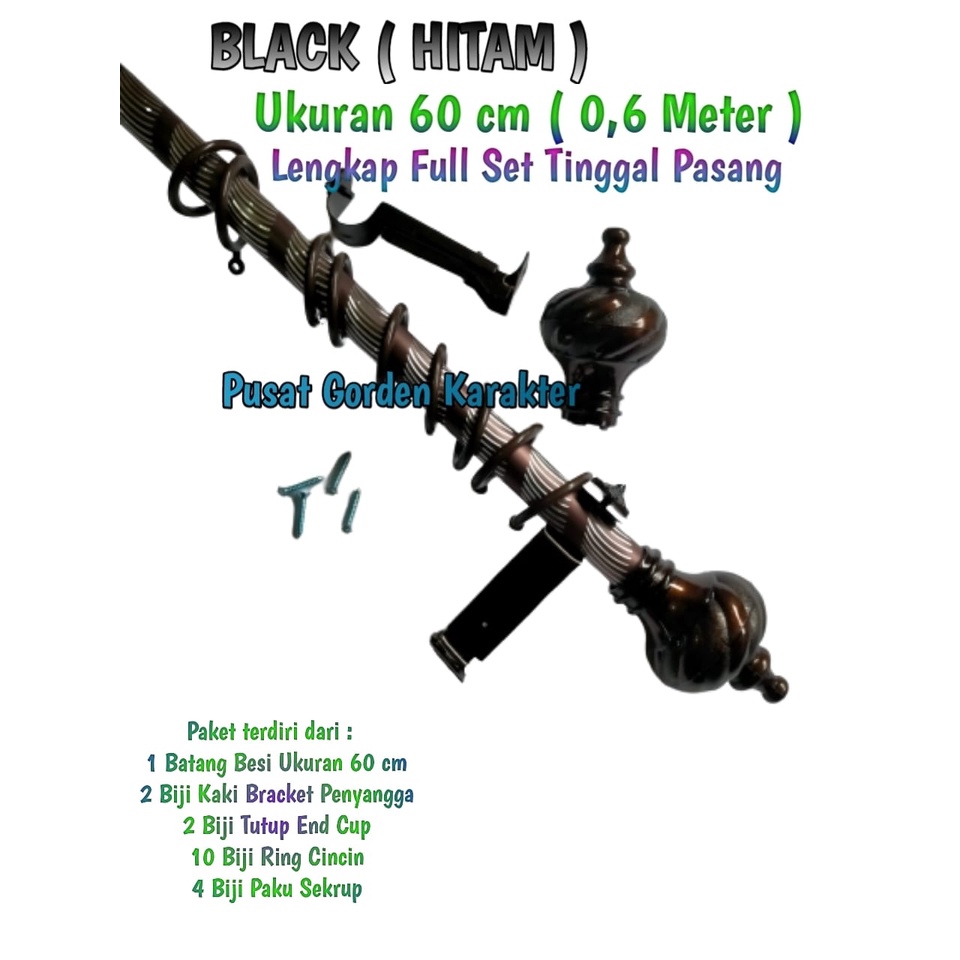 Besi Gorden Jendela Minimalis 60 cm Full Set Murah Besi Gorden Rollet Crystal Warna BLACK HITAM