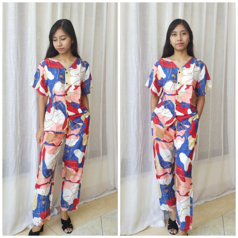 One Set Setelan Tie Dye Bali Kemeja Lengan Pendek - ONE SET Piyama Tie Dye Wanita & Pria GROSIR-VTS MaroonNavy