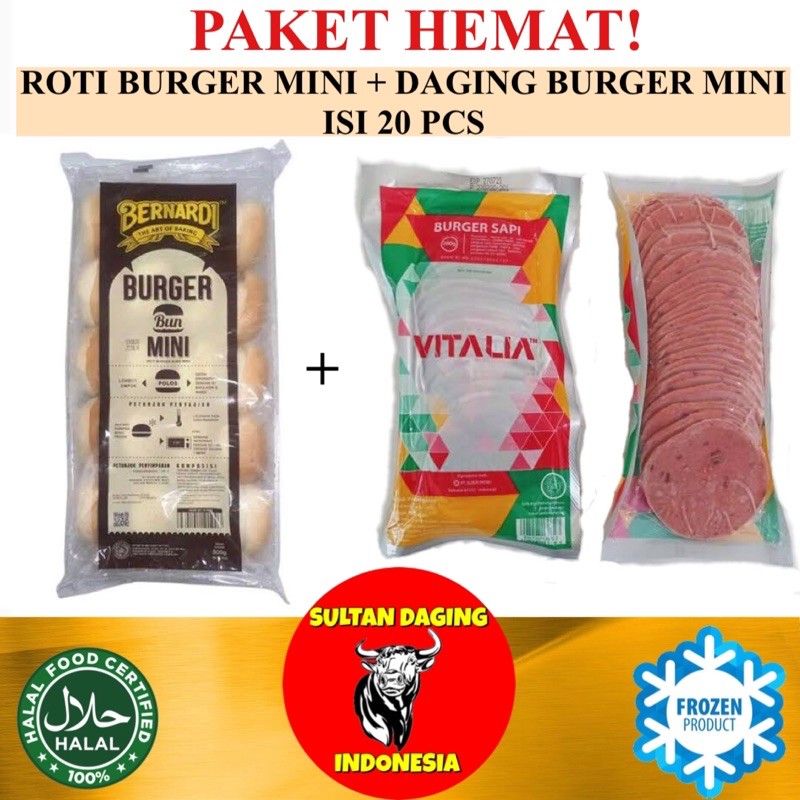 

PAKET BURGER MINI BERNARDI ROTI ISI 20 PCS DAN DAGING BURGER VITALIA ISI 20 PCS/ PAKET BURGER/ PAKET