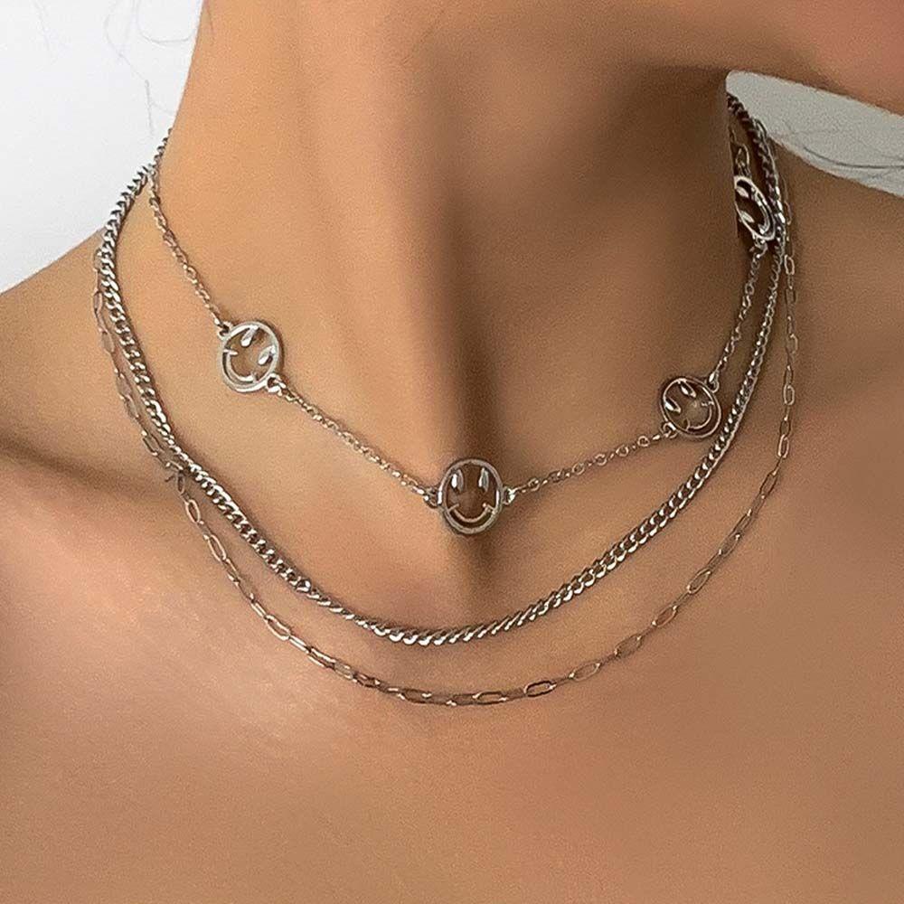 Mxbeauty Kalung Wanita Kepribadian Geometris Smiley Sederhana Multi-layer Hollow Alloy Hip Hop Gaya Korea Necklace