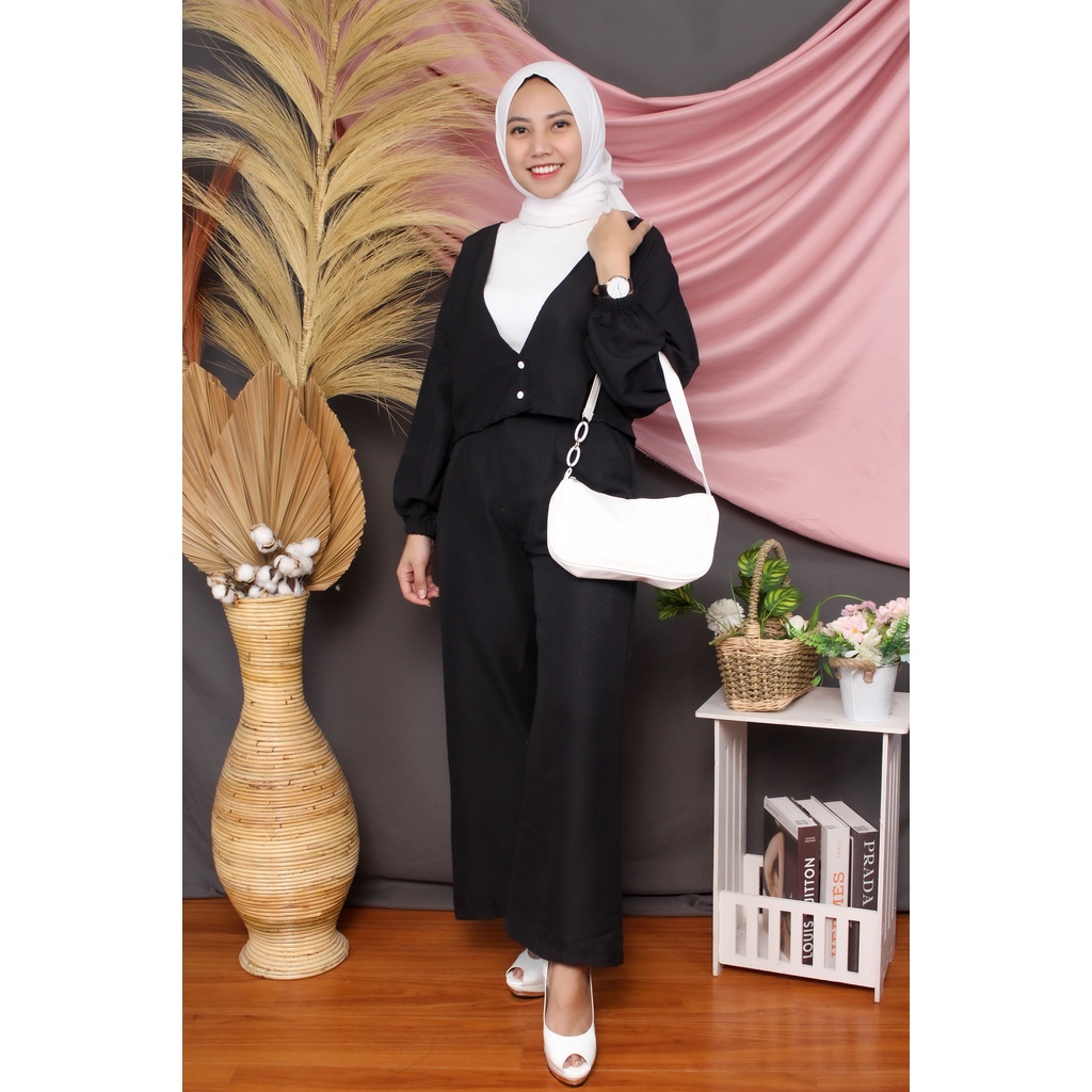 RX Fashion - One Set Hailey / Celana hailey motif / Setelan Wanita Terbaru Berkualitas // Set Korean -BN-HITAM