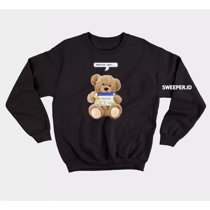 SWEATER CREWNECK TEDDY BEAR CAMPUR WARNA HITAM BAHAN FLEECE