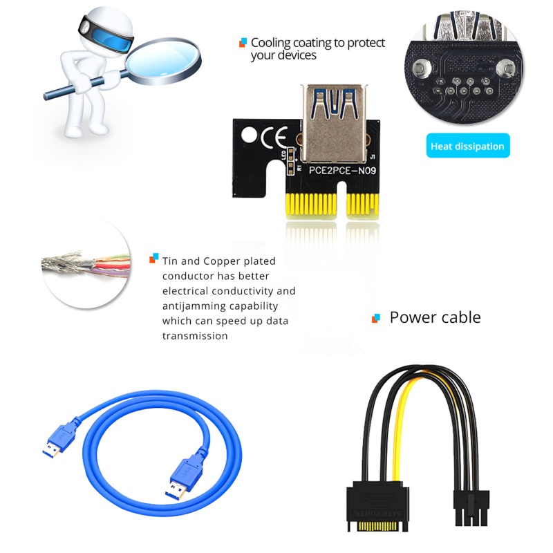 Btsg Ver15X USB3.0 PCI-E Riser PCI Untuk Express 1x4x8x16x Extender 3528kartu Adaptor Pcie Riser LED RGB 6Pin Power Untuk