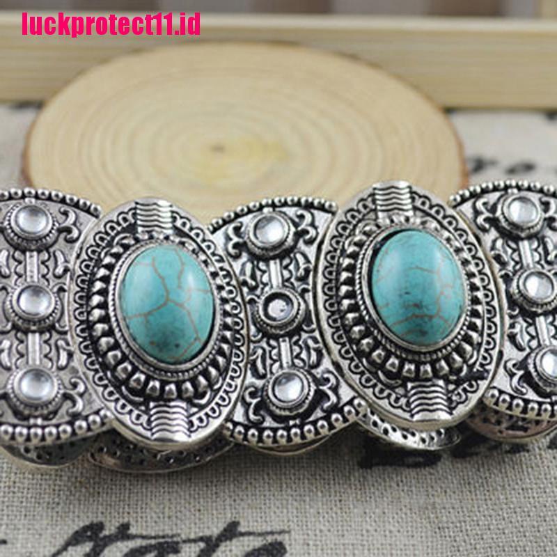 (LUCK) Gelang Tangan Silver Gaya Boho Vintage Retro Aksen Batu Turquoise Tibet Untuk Wanita