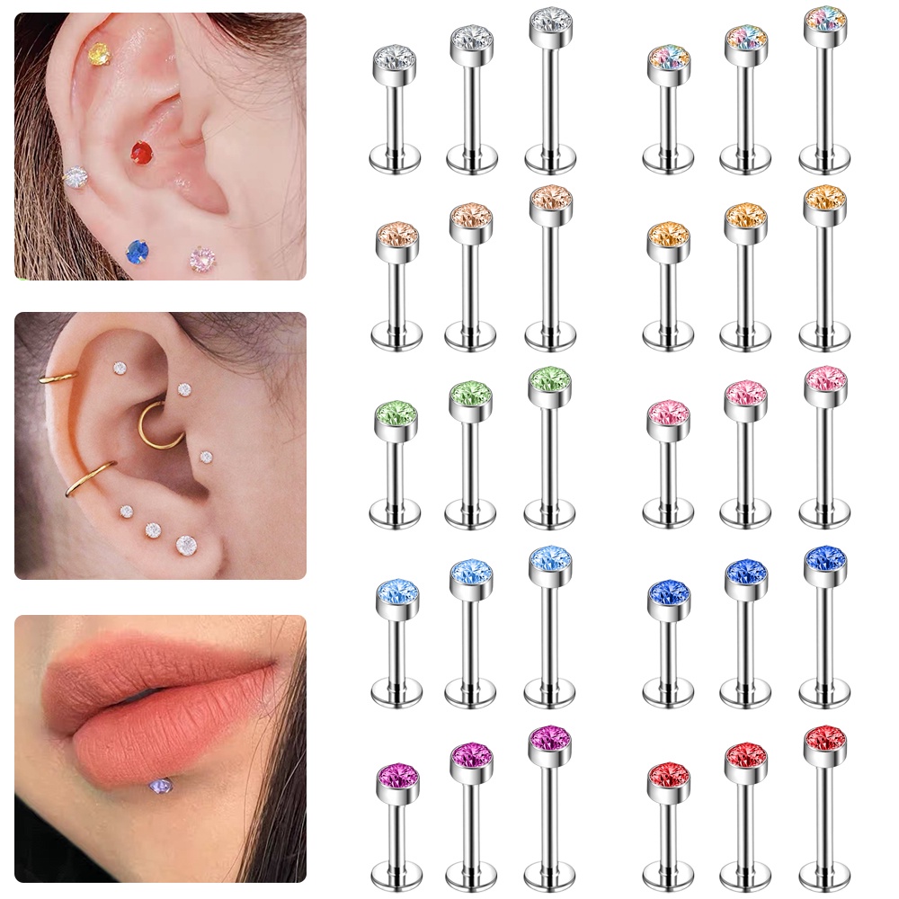 1pc Anting Tindik Bibir / Tulang Rawan Telinga Bahan Stainless Steel 16g Hias Kristal Monroe