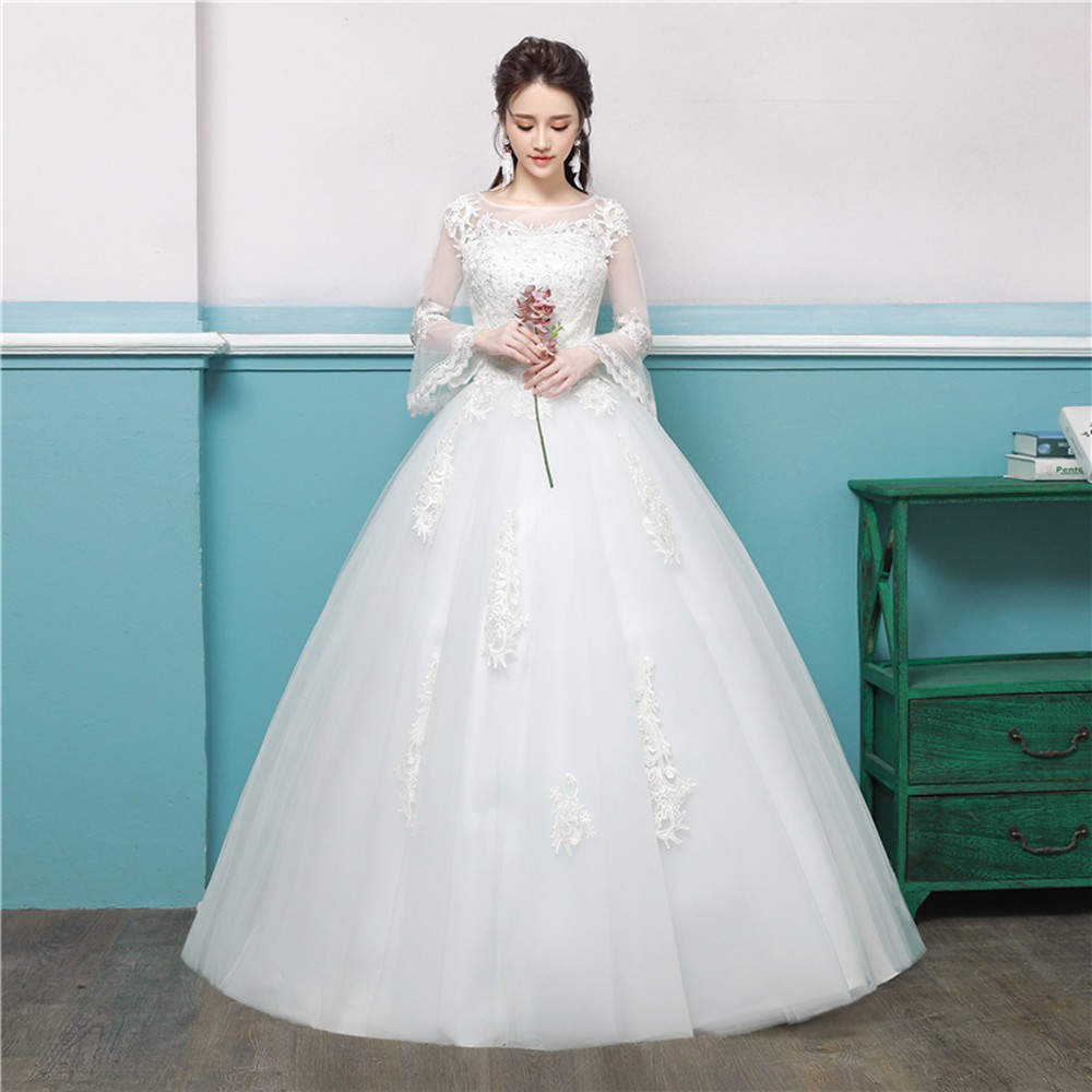 Fashion Wanita Bridal Lengan Panjang Lace Wedding Dress Bride Ball Gown