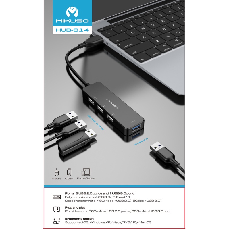 USB Hub 3.0 MIKUSO HUB-014 USB Hub 4 Port 3USB 2.0 + 1USB 3.0