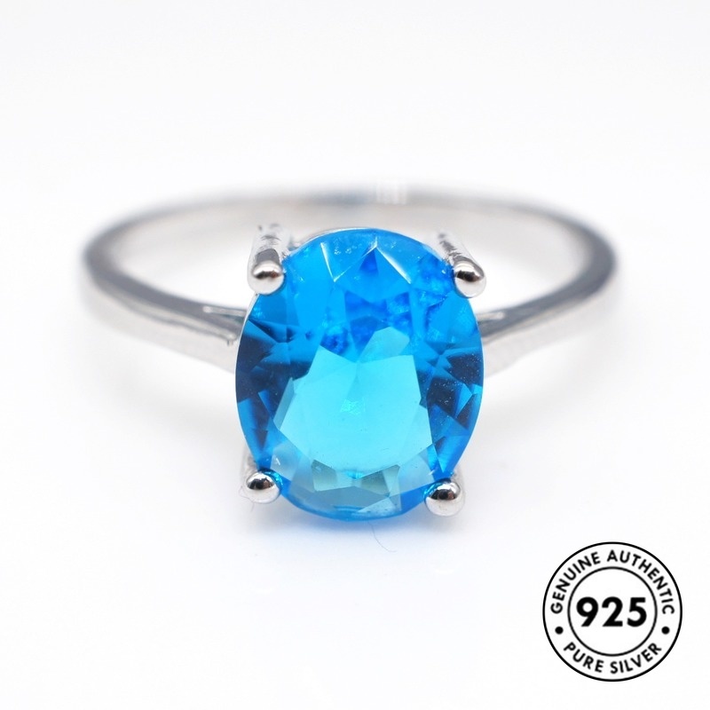 Cincin Sterling Silver 925 Klasik Dengan Kristal Warna Biru Untuk Wanita