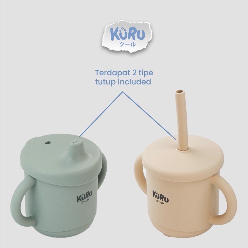 Kuru Baby Silicone Sippy Cup Set With Straw 200ml Gelas Minum Bayi Silikon Dengan Sedotan WHS