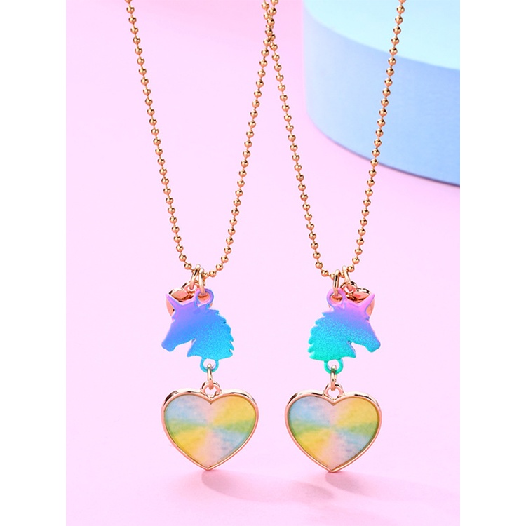 2pcs / Set Kalung Rantai Dengan Liontin Unicorn Warna-Warni Untuk Anak