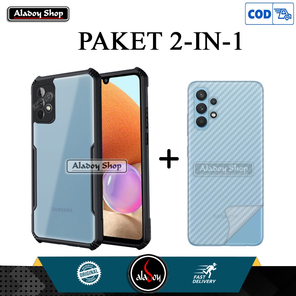 Hard Case Samsung Galaxy A32 4G 2021 Premium Casing Transparet Shockproof + Skin Carbon Back Screen