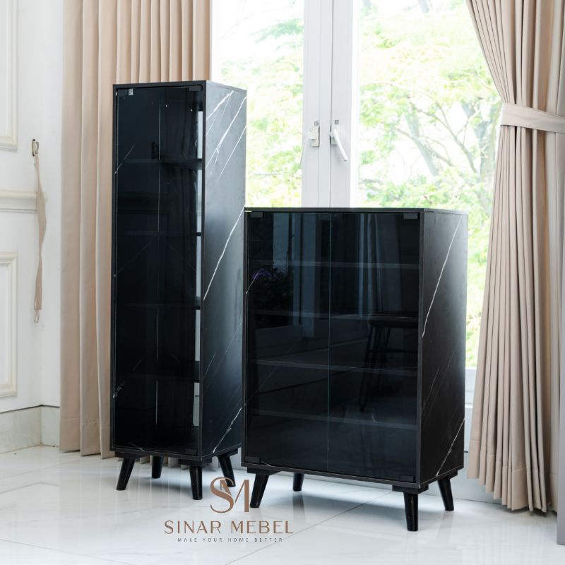 Lemari Hias / Rak Sepatu Pintu Kaca "BLACK MARBEL MELAMIN" (FREEONGKR JAWA & BALI)
