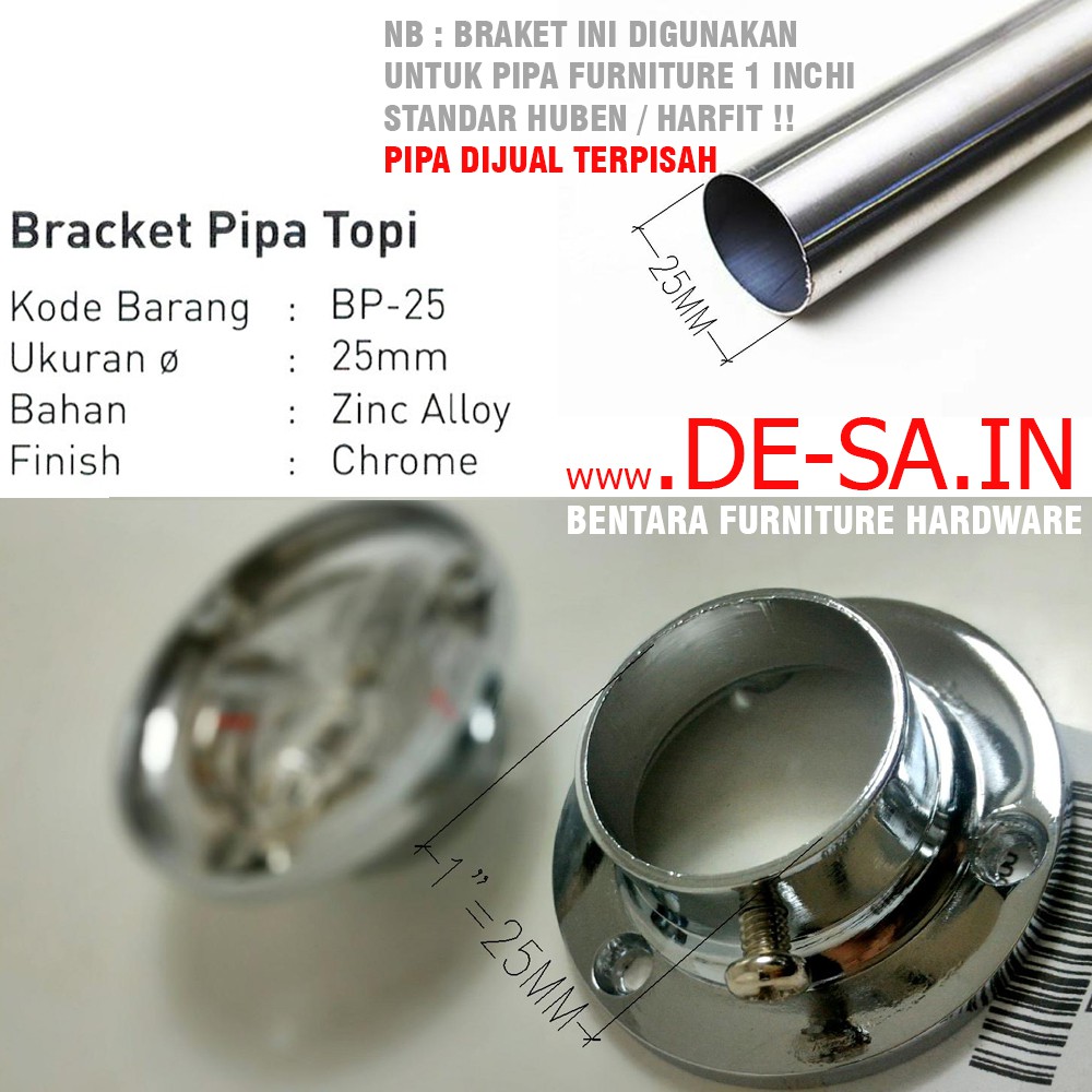 2 X Harfit BP-25 Braket Topi 1 Inchi BRAKET PIPA - Diameter 25MM (Kualitas Premium) (Include Skrup) Closet Rod