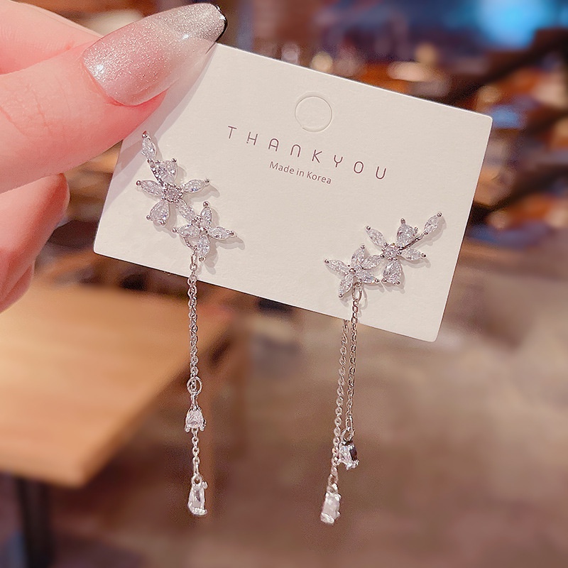 Shuling S925 silver needle Korean version Super Shining Zircon Wing Earrings Female High Sense Long Tassel Earrings