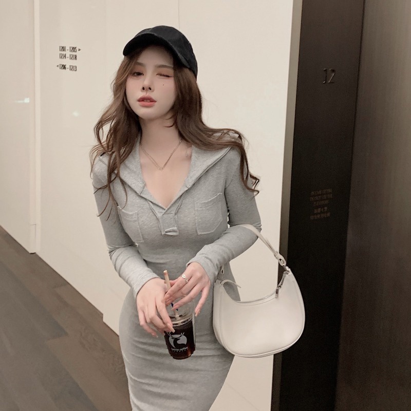 midi dress korea perancis pinggang tinggi lengan panjang hooded slit bag hip dress fairy grey mid le