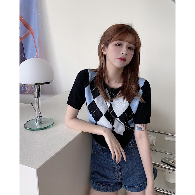 XIAOZHAINV Korean Style Atasan Top Kardigan Kotak-Kotak Sweater Rajut Wanita