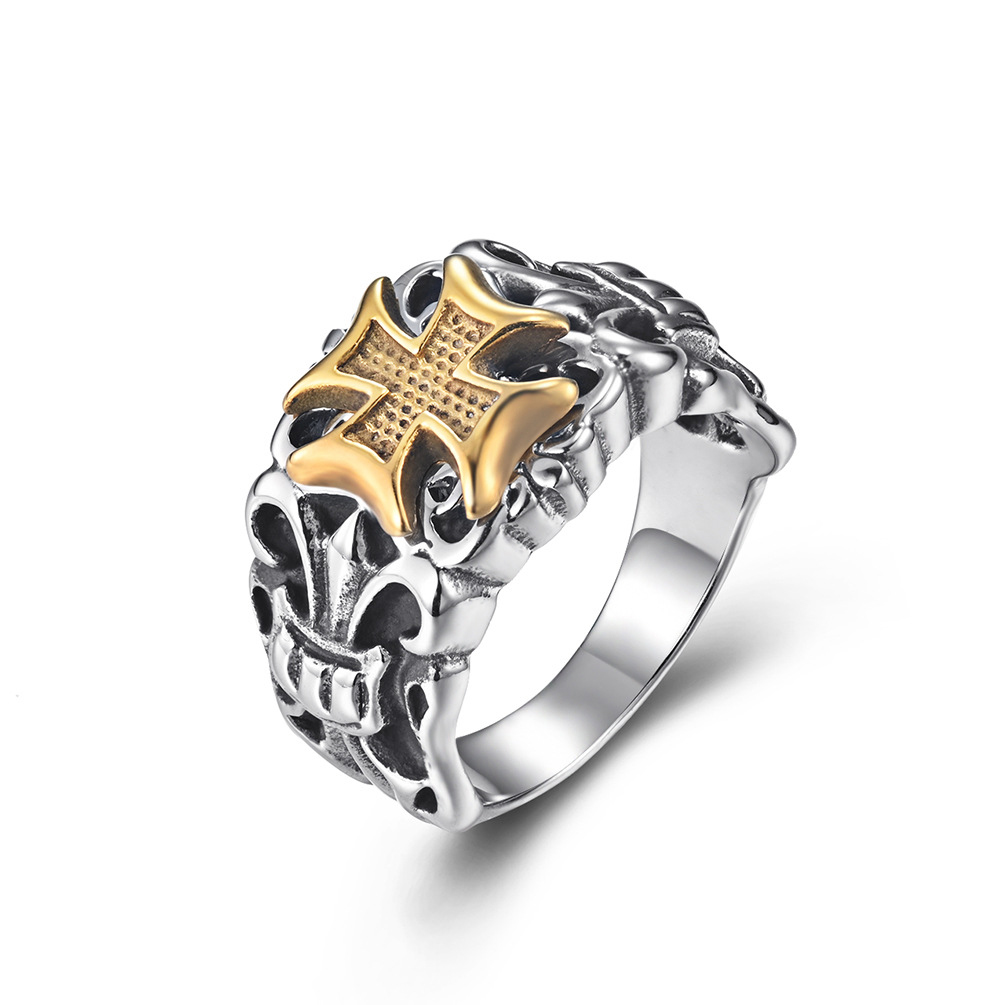 Lkyou New Retro Pattern Cross Gold-Plated Hit Color Trendy Men's Ring, Male and Female Hip-Hop Punk Motorcycle Ring Jewelry