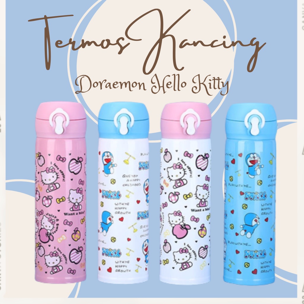 Termos Tumbler Tutup Kancing 450 ml Botol Air Minum Tahan Panas Dingin Karakter Hello Kitty Doraemon