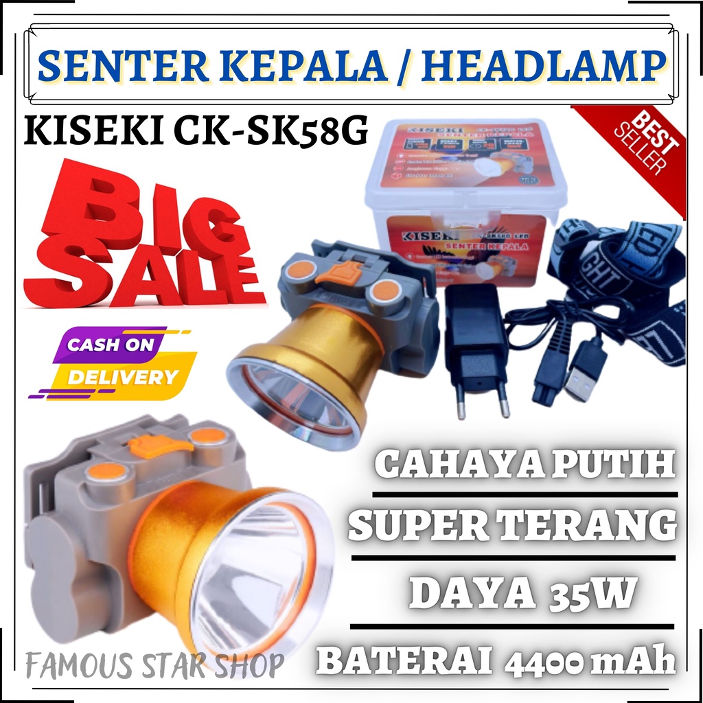 Senter Kepala / Head Lamp Kiseki CK-SK58G 35 WATT | Senter Kiseki CK-SK 58G Cahaya Putih Super Terang Tahan 20 Jam | Kiseki CK-58G Jarak Sorot Jauh | FMS