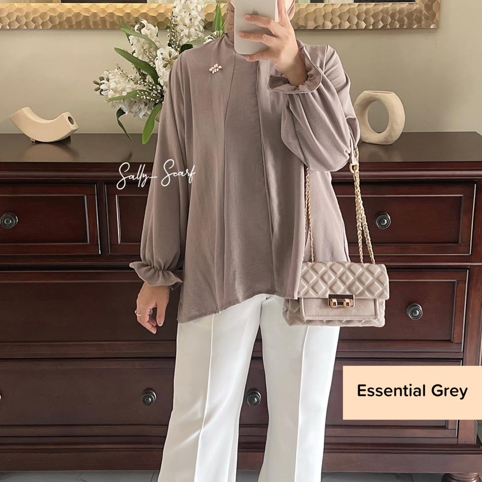 Anona crinkle airflow blouse wanita busui full kancing / oversized-Essential Grey