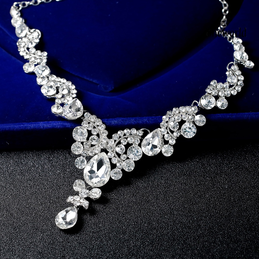 OW@ Women Jewelry Set Elegant Rhinestone Teardrop Pendant Wedding Necklace Earrings