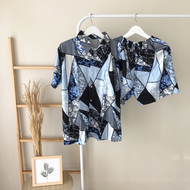 hirafa - One Set Setelan Atas Bawah Full Kancing / Baju Santai Tie Dye / Baju Wanita Pria-Abstak - Biru