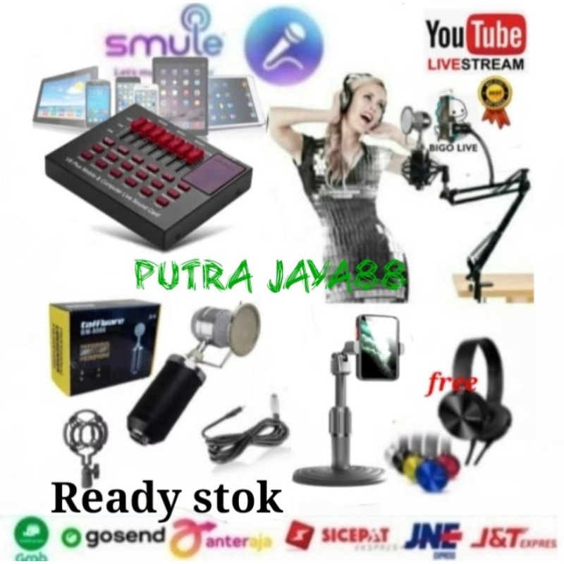 Paket Mic Condenser BM 8000 Mic Soundcard V8 plus Stand