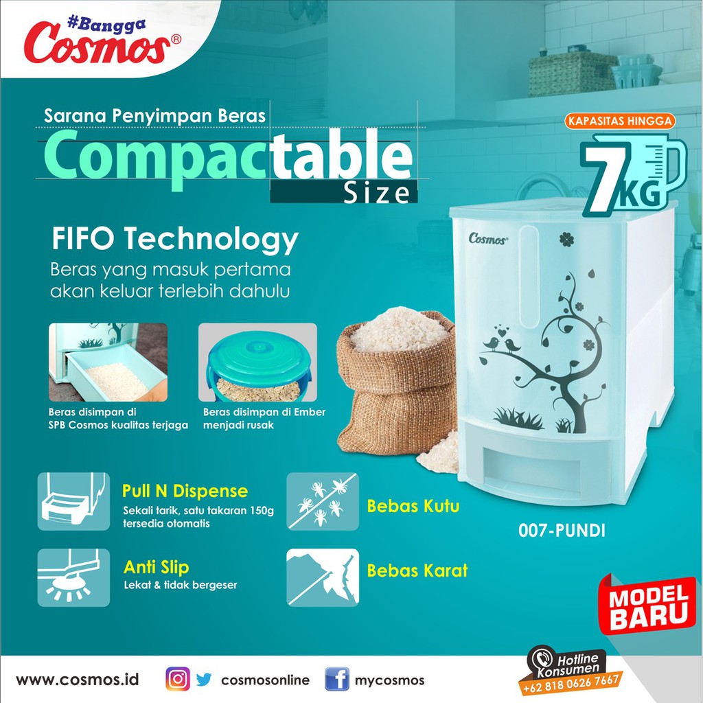 COSMOS FIFO 007 PUNDI RICE BOX KAPASITAS 7 KG terbuat dari plastikfood grade bebas tikus bebas karat