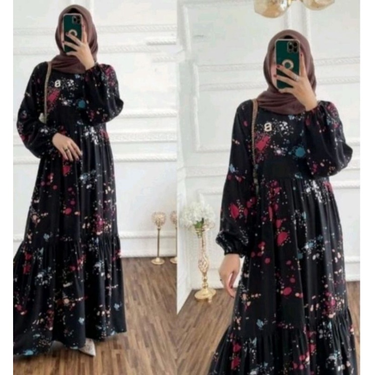 GAMIS MARVELA HITAM /* BAJU GAMIS WANITA  - GAMIS MOSCREPE-KATUN RAYON - GAMIS SOGAN RENDA REMPEL DAILY BUSUI WANITA  DRESS MOSCREPE