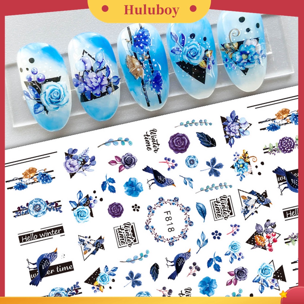 Huluboy Huluboy♡ Stiker Kuku Efek Glitter 3D Ultra Tipis Motif Daun Geometri Untuk Dekorasi Manicure