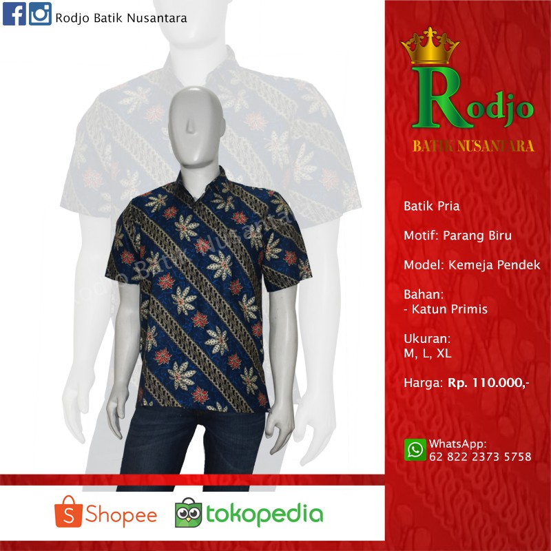 Batik Pria Motif Parang Biru Model Kemeja Pendek