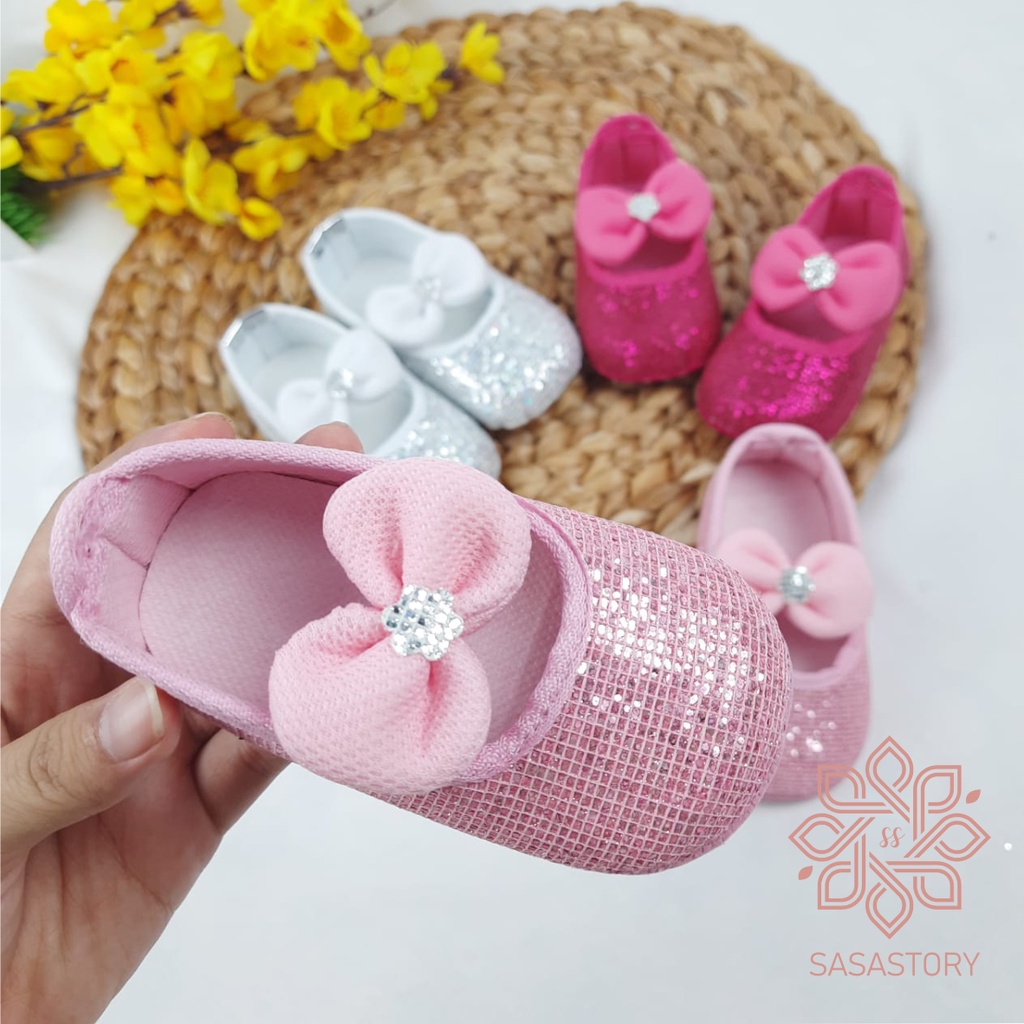 SEPATU PREWALKER BABY BAYI ANAK PEREMPUAN 0-12 BULAN GEL MANIK PITA BLING BLING FP06