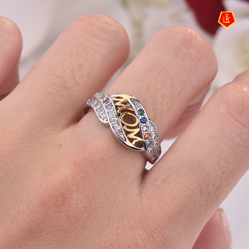 [Ready Stock]Creative Birthstone Two-Color Mom Diamond Gold Ring for Women