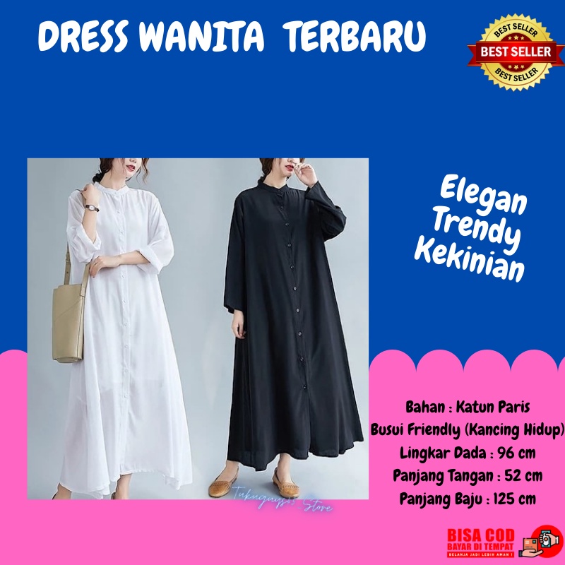 Dress Gamis Polos Midi Maxi Wanita Katun Paris Hitam Putih Full Kancing Rahmania Dres Formal Murah