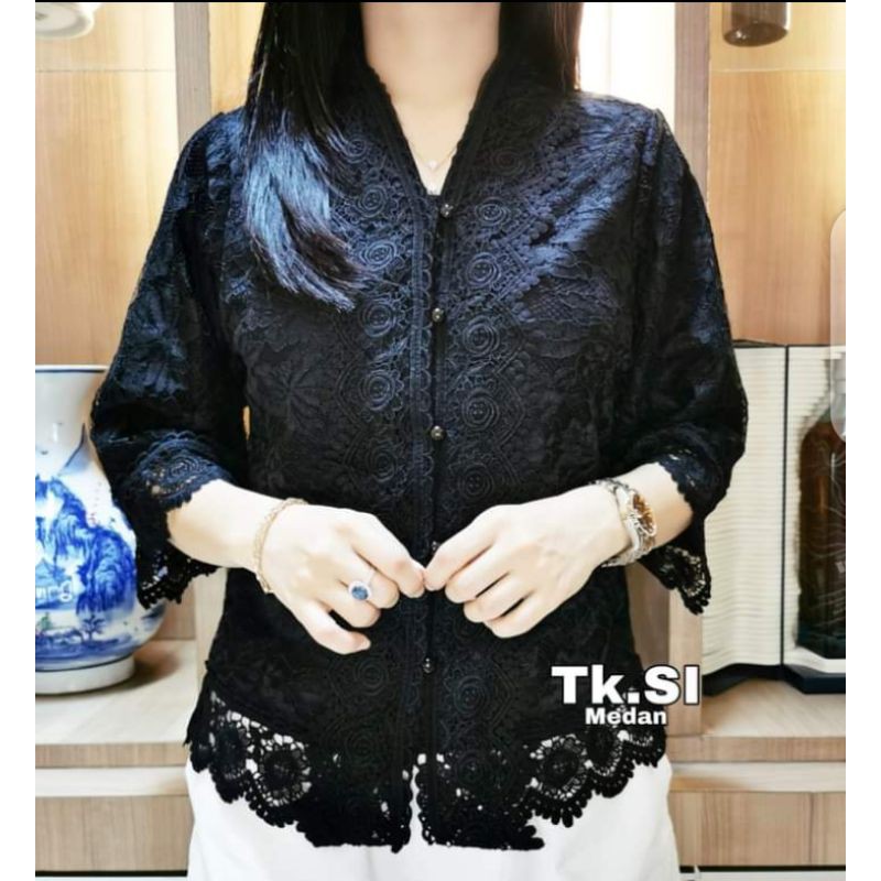 Atasan kebaya brokat lapis furing kebaya kartini bahan brokat premium-brokat Elghana hitam putih 809