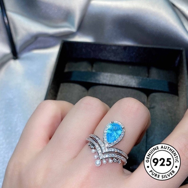 Cincin Sterling Silver 925 Model Mahkota Dengan Berlian Aquamarine Untuk Wanita