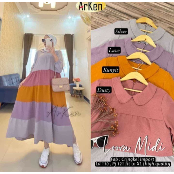 Gamis Loora Midi - Gamis Terbaru Rayon Premium Dress Wanita Pelangi Lengan Karet Maxi Dress Kekinian LD 110 cm