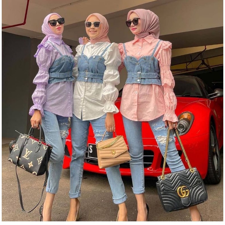 patricia blouse mix jeans 2in1/kemeja dan rompi jeans/kemeja set wanita cantik/setelan kemeja vest