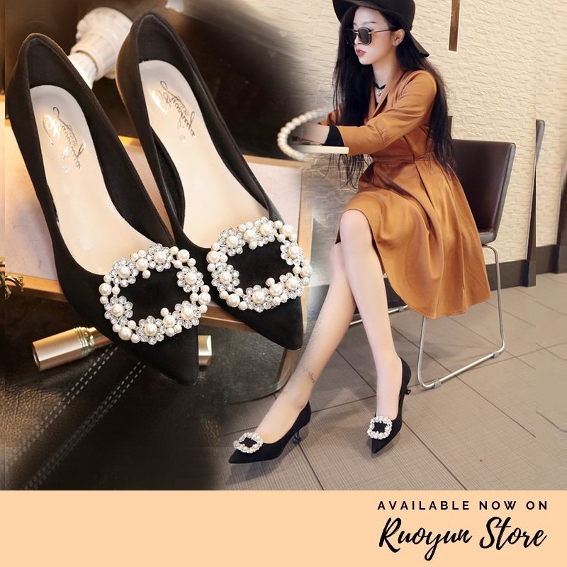 RYS - Pearl Buckled Sepatu Korea Hak Runcing Kantoran/Pesta - Ori Import