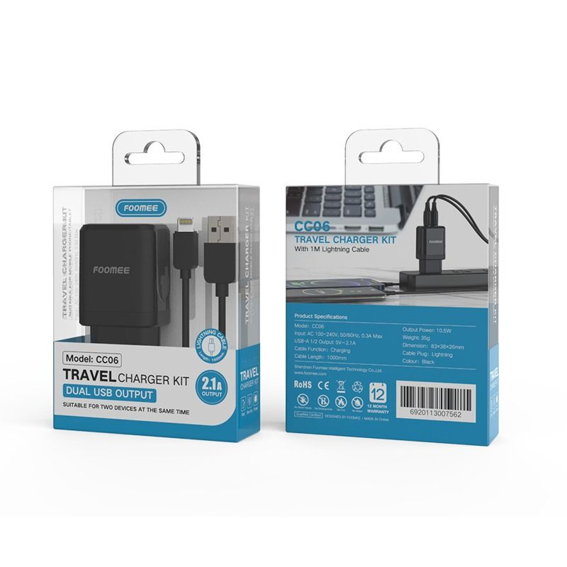 Travel Charger Kit Foomee CC06 Dual USB Output Max 2.1A Cable Lightning For iPhone Fast Charging