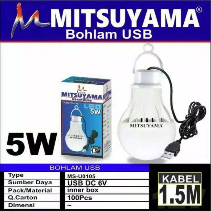 Lampu Bohlam LED USB Mitsuyama 5 Watt Emergency Lampu Darurat Kabel