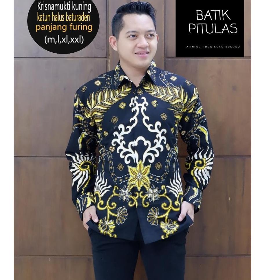 Ready KRISNAMUKTI KUNING KEMEJA BATIK PRIA ASLI SOLO FURING LENGAN PANJANG KAIN KATUN HALUS BATURADE