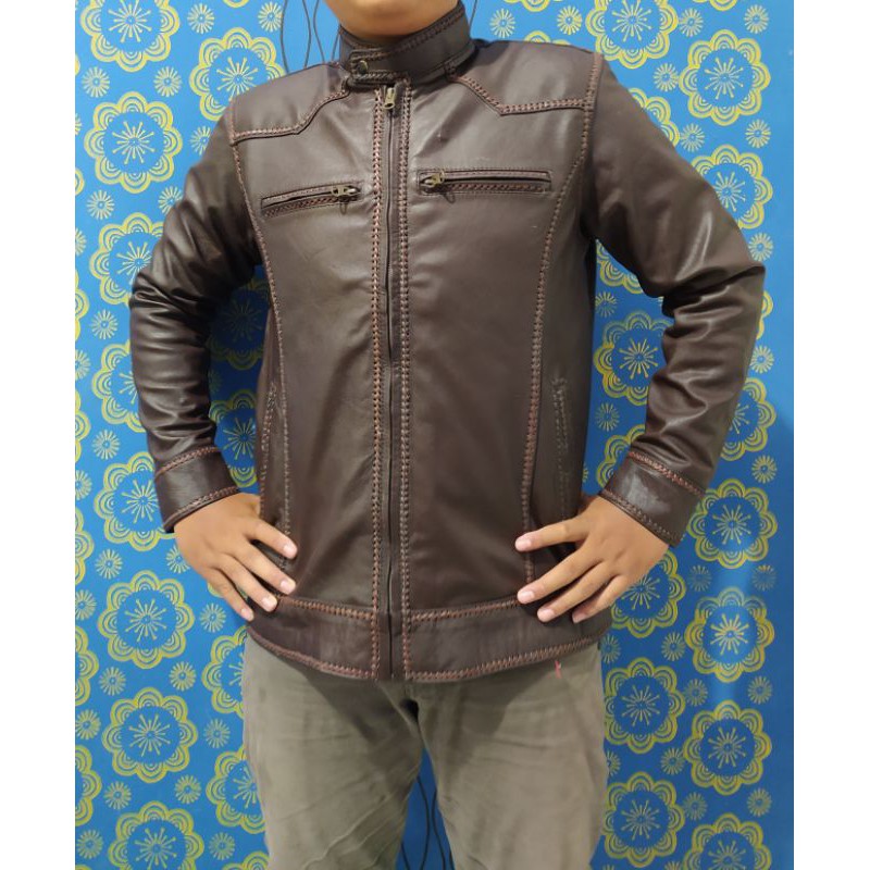 Jaket Kulit Domba Asli Pria Elegant Brownie ARL 033 Silverstone RFLA Ariel Noah 90 Sulam Original