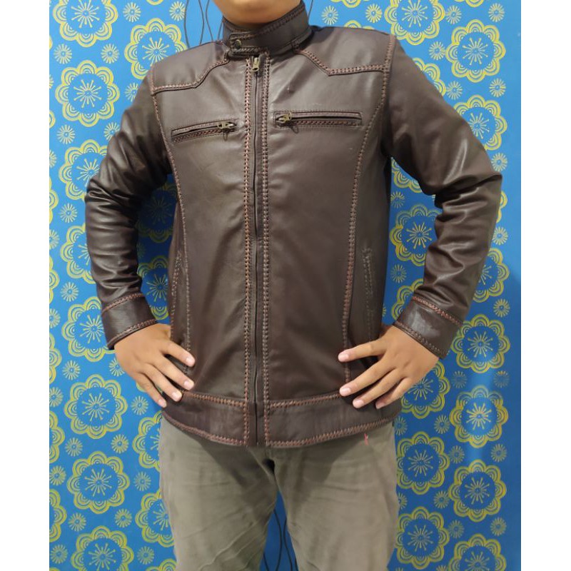 Jaket Kulit Domba Asli Pria Elegant Brownie ARL 033 Silverstone RFLA Ariel Noah 90 Sulam Original